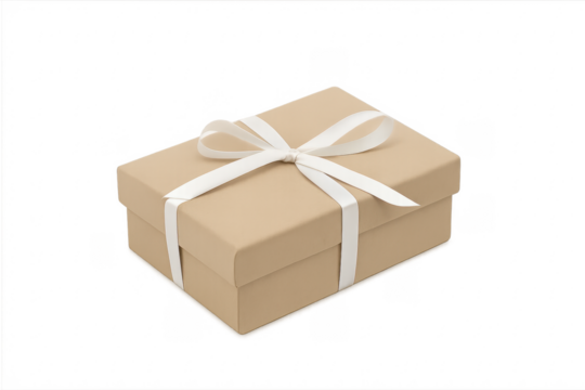 Brown gift box with white ribbon bow present