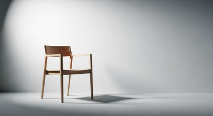 Elegant wooden armchair with sleek lines and a minimalist design, placed against a softly lit neutral background.