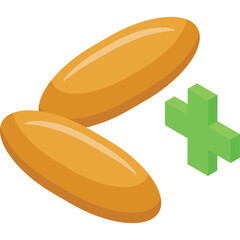 Two Orange Oval Pills and a Green Plus Sign Icon on a Transparent Background Representing Healthcare and Medication Treatment Options