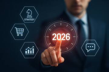 Business man pointing at glowing 2026 on a futuristic circular clock interface representing future planning, new year targets, strategy, market growth, and communication for business goals