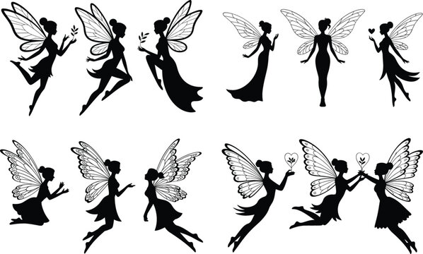 Fairy Silhouette Vector Set - Mythical Flying and Standing Poses with Detailed WingsFairy Silhouette Vector Set - Mythical Flying and Standing Poses with Detailed Wings