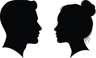 Facing head silhouettes, male and female profile contrast, flat vector illustration, cad drawing, black and white symbolic design
