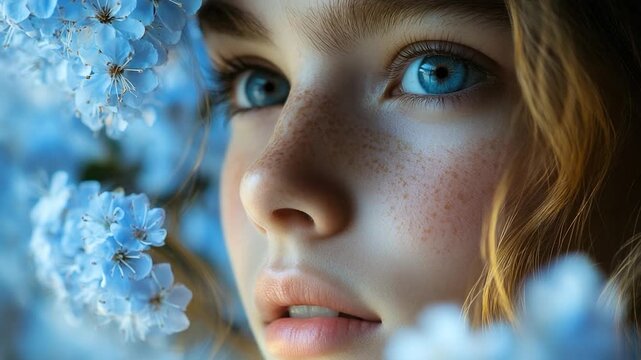 Close-up shot of a woman's face with noticeable freckles, great for personal or business use where a relatable and natural image is needed