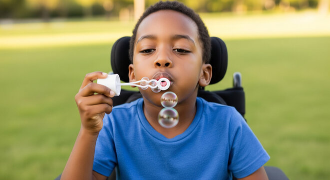 Joyful African American boy with a disability in a wheelchair blowing soap bubbles and enjoying a sunny day outdoors in a park