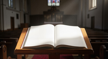 Open hymnal with blank pages placed on lectern in silent church  