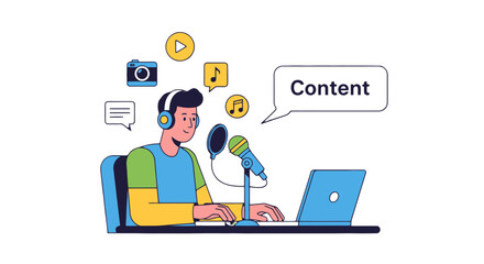 Creating Digital Content: A Man Broadcasting With Microphone and Laptop Online