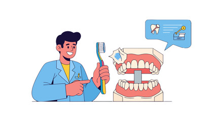 Dentist Advising Dental Care for Oral Health and Tooth Cleaning with Brush