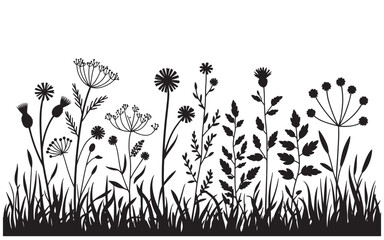 Black Silhouette Wildflowers and Grass with White Background Simple Graphic Design