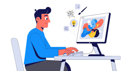 Creative Designer Working on Computer, Generating Digital Graphics in Modern Style Illustration
