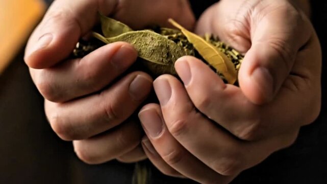 Video, both hands holding yerba mate leaves, herbal tea, Ilex paraguariensis tree, beverage, green tea, closeup