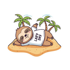 A cheerful, cartoon sloth wearing a "Lazy Day" shirt, relaxing on a tiny sandy island with palm trees. Perfect for casual wear, stickers, memes, and promotion of relaxation/leisure products.