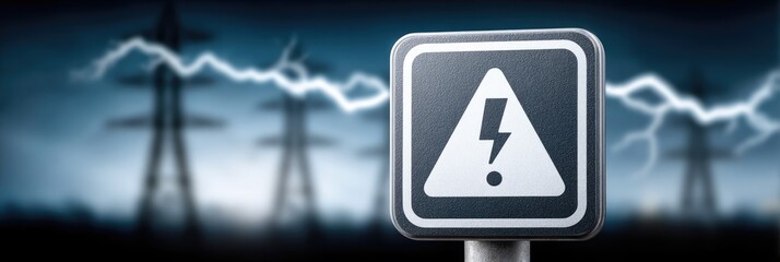 High Voltage Danger Sign with Electric Power Lines in Background