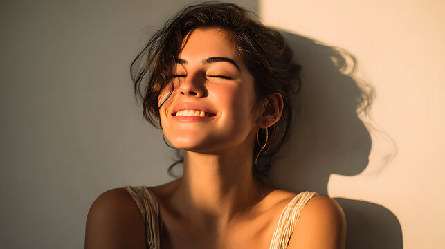Serene young woman basking in the warm glow of the sun with a blissful smile