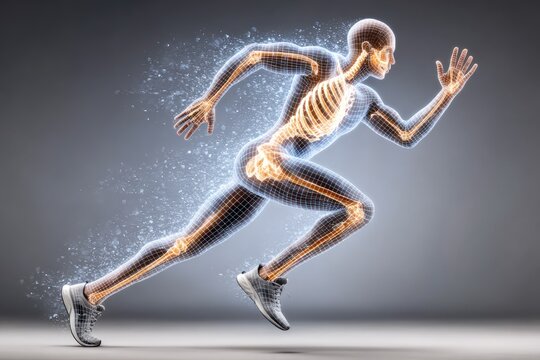 Human skeleton and muscular system visualized in dynamic running pose for sport performance design