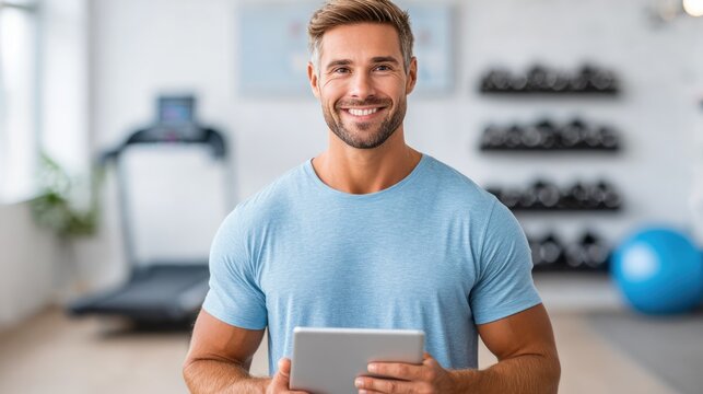 Fitness Trainer Smiling and Holding Tablet in Modern Gym