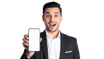Happy man showcasing the blank screen of a modern phone