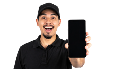 A man holding a blank smartphone with excitement