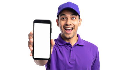 A surprised man with a mobile phone in his hand is presenting a blank screen