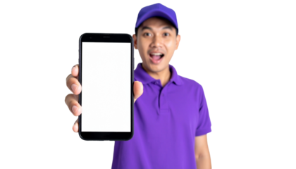 A delivery worker in a purple uniform is excitedly showing off a blank smartphone screen