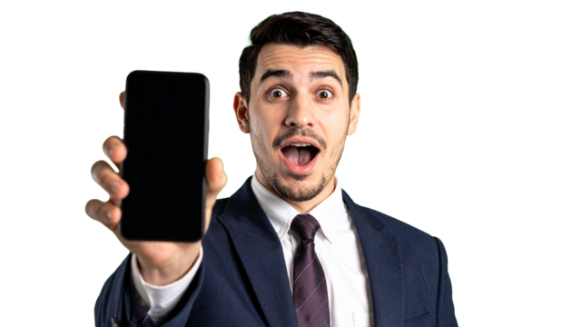 A surprised businessman shows off his mobile phone