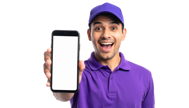 A surprised man with a mobile phone in his hand is presenting a blank screen - Powered by Adobe