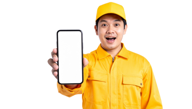 A delivery man, showcasing a mobile phone with a blank screen, offering a glimpse into the convenience of modern services