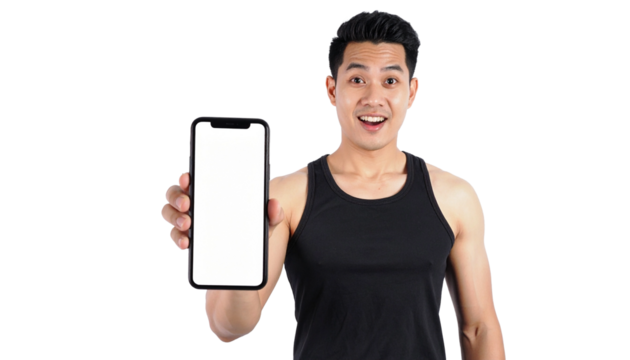 A man holding a smartphone with a blank screen, likely presenting an app or service 