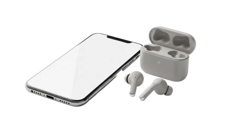 Smartphone and wireless earbuds isolated on transparent background, modern technology