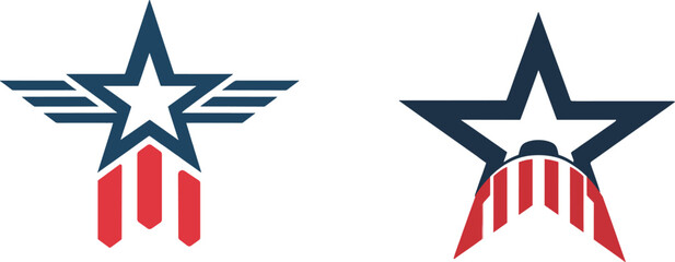 Obraz premium Two patriotic star logos with wings and stripes american red white blue