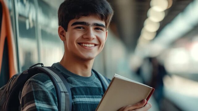 A young man is smiling while holding a book