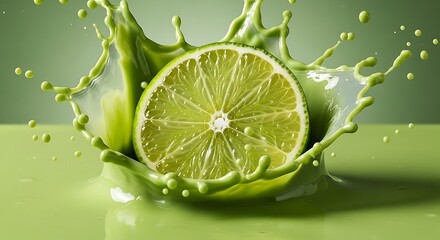 A refreshing lime slice with a splash of juice on a green background