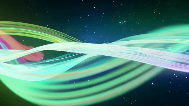 Dynamic, vibrant abstract animation of multicolored light ribbons/fiber optics weaving and flowing across a dark, star-filled space background