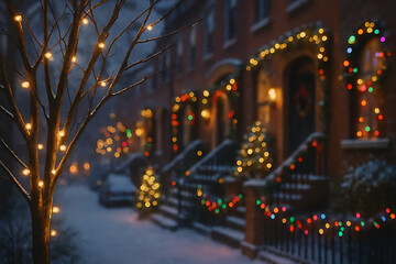 Cozy Winter Street With Christmas Lights Decorating Houses During Snowfall At Dusk