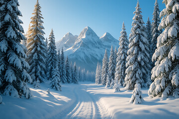 Fototapeta premium Majestic Snowy Pine Forest Road Leading Toward Sunlit Winter Mountains Under Clear Blue Sky