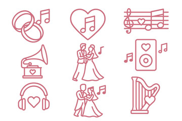 Set of music-themed pink outlines featuring romantic elements such as dancing couples, heart shapes, and musical notes within various icons.