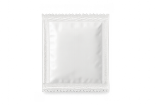 White sachet packaging mockup showing blank template