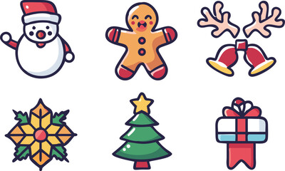 Fototapeta premium Festive Christmas Icons: Snowman, Gingerbread Man, Bells, Poinsettia, Tree, Gift