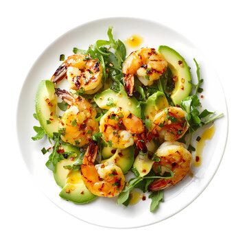 Grilled shrimp with avocado salad on white plate top view isolated on transparent background