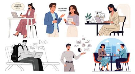A vector set of business illustrations featuring various professionals in the fields of work, collaboration, planning, and productivity.