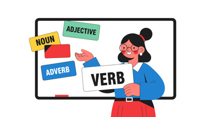 Educational Illustration Depicting English Grammar Teaching With Cartoon Teacher and Terms