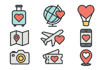 Colorful icons representing travel and love, including a suitcase, globe, hot air balloon, map, airplane, smartphone, camera, tickets, and location pin, each adorned with a heart.