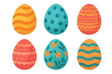 Six colorful easter eggs decorated with various patterns, including stripes, polka dots, and floral designs, arranged in two rows.
