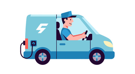 Electric Vehicle Delivery Driver Cartoon Illustration Demonstrating Clean Transportation on Black