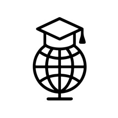 Global Education Outline Icon: Line art of globe with graduation cap, symbolizing global learning and international education.