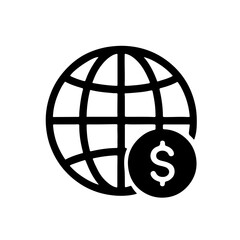 Global Finance and Economy Icon: Simple black line icon showing a globe with dollar symbol, representing global economy, trade, and finance.