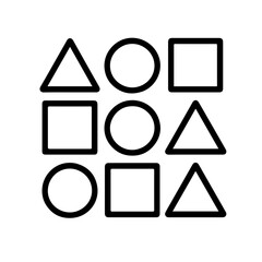 Minimal Geometric Shapes Pattern: Simple black outline icons of triangle, circle, and square arranged in a grid. Perfect for design education, geometry concepts, and abstract backgrounds.