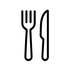 Fork and Knife Outline Icon: Minimal black line drawing of a fork and knife symbolizing dining, cooking, and restaurant service. Ideal for menus, apps, and culinary branding.