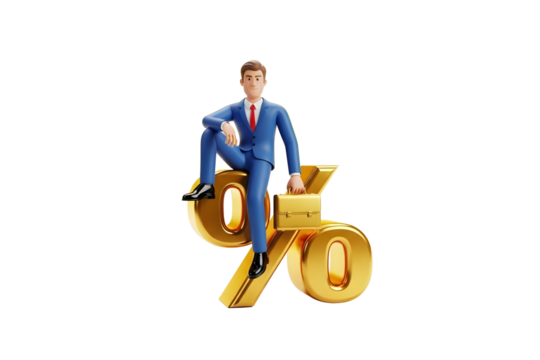 Businessman sitting on a golden percentage sign isolated on transparent background