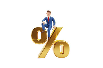 Businessman sitting on a golden percentage sign isolated on transparent background