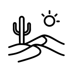 Desert Landscape Line Icon with Cactus and Sun: Minimal desert scene line art with cactus and sun, perfect for nature, climate, or travel theme designs.